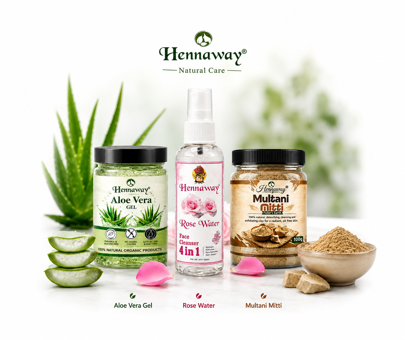 Hennaway Skin Glow Combo | Aloe Vera Gel + Rose Water + Multani Mitti Powder