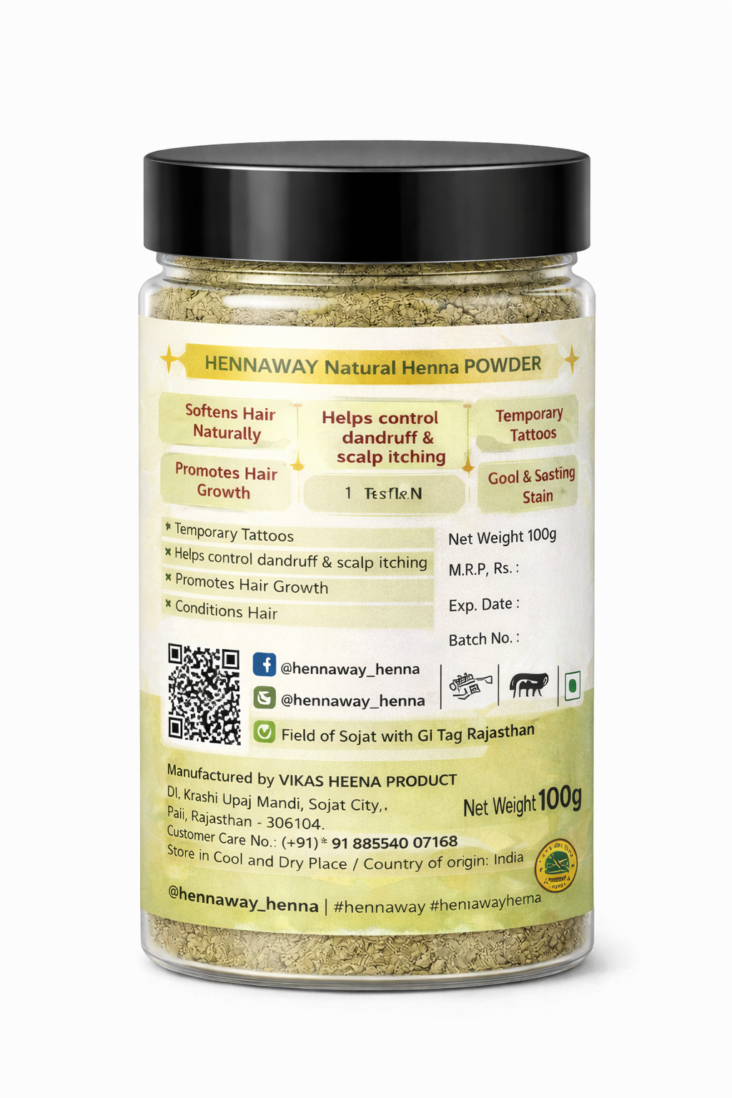 Hennaway Natural Mehndi Powder 100g | Pure Henna Powder for Hair & Hands | Triple-Sifted | No Chemicals or Dyes