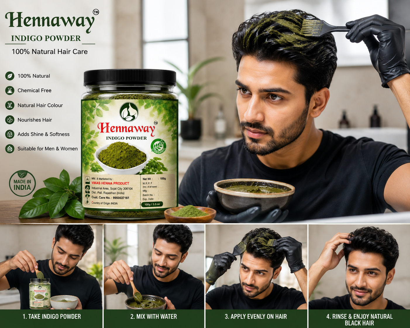 Hennaway Indigo Powder | 100% Natural Indigo Leaf Powder 100gm