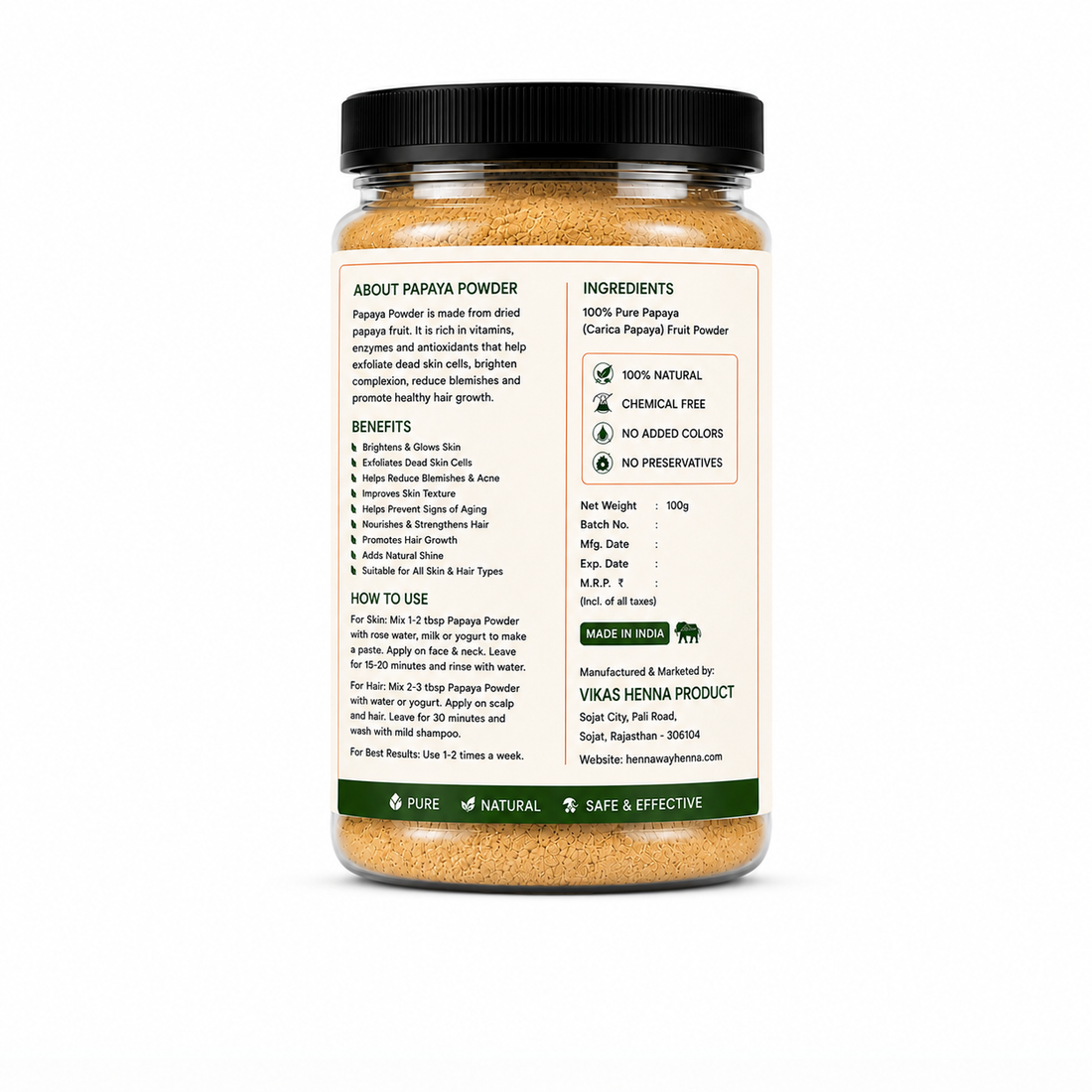 Hennaway 100% Natural Papaya Powder for Skin & Hair | 100g
